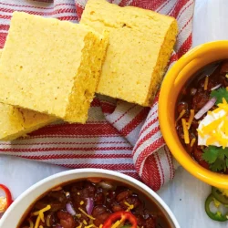 Women's Bean Project golden cornbread laid on a red cloth next to 2 bowls of prepared soup and chili