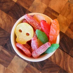 A bowl of Women's Bean Project Shipwrecked Sour Gummies.