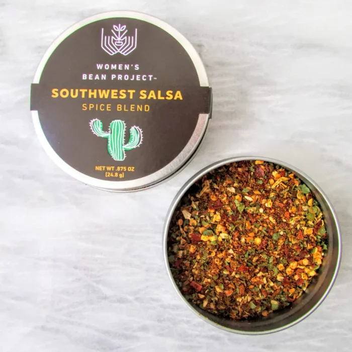 An open tin of Women's Bean Project Southwest Salsa Spice Blend.